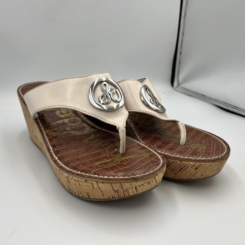 Sam‎ Edelman Ruth Platform Thong Cork Wedge Sandals Cream Leather Size 8.5